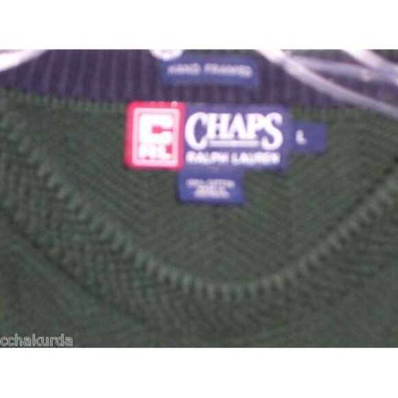 Chaps Ralph Lauren Green Crewneck Sweater Mens L Cotton Blend Embroidered Crest - Picture 3 of 5